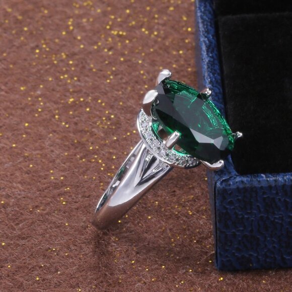 💎 Dainty Large Oval Zircon Emerald Elegant Silver Rings for Women, INDN8212 - Picture 4 of 12